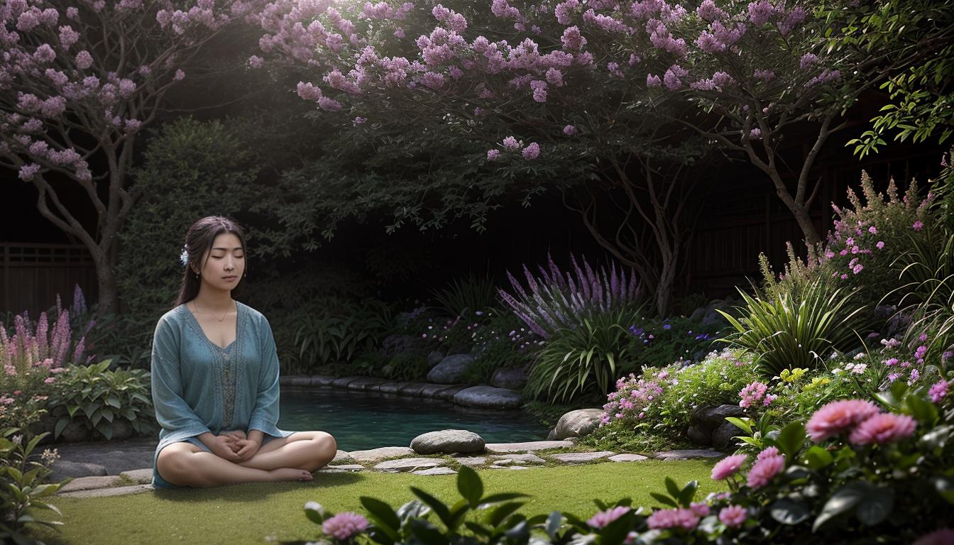  cinematic, aesthetic, Individual seated in a meditative pose, surrounded by a glowing aura, calm facial expression, tranquil garden backdrop with lush greenery, blooming flowers, Inner peace, serenity, 4k, HDR, lens flare