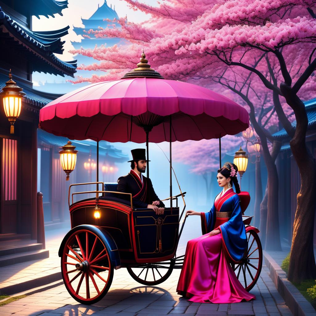  ethereal fantasy concept art of RIKSHA (Japanese jinrikisya) a light two wheeled carriage in which a person is pulled (also called a rickshaw). (Background): blossoming pink sakura, an empty rickshaw stands on the pavement. (Rickshaw design) A tent upholstered in dark blue silk. There is a sofa upholstered in red velvet and a painted wooden footstool. . magnificent, celestial, ethereal, painterly, epic, majestic, magical, fantasy art, cover art, dreamy hyperrealistic, full body, detailed clothing, highly detailed, cinematic lighting, stunningly beautiful, intricate, sharp focus, f/1. 8, 85mm, (centered image composition), (professionally color graded), ((bright soft diffused light)), volumetric fog, trending on instagram, trending on tumblr, HDR 4K, 8K