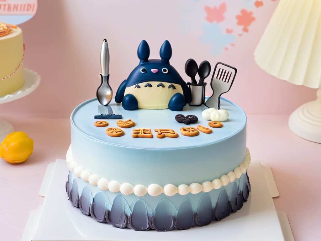  An intricately designed minimalist image featuring a collection of Studio Ghibliinspired baking utensils such as cookie cutters, rolling pins, and cake molds, all elegantly displayed against a soft pastel backdrop. Each utensil is delicately engraved with iconic Studio Ghibli characters like Totoro, Kiki, and Chihiro, exuding a sense of whimsy and creativity that perfectly captures the essence of the article's theme on baking tools for anime fans. hyperrealistic, full body, detailed clothing, highly detailed, cinematic lighting, stunningly beautiful, intricate, sharp focus, f/1. 8, 85mm, (centered image composition), (professionally color graded), ((bright soft diffused light)), volumetric fog, trending on instagram, trending on tumblr, HDR 4K, 8K