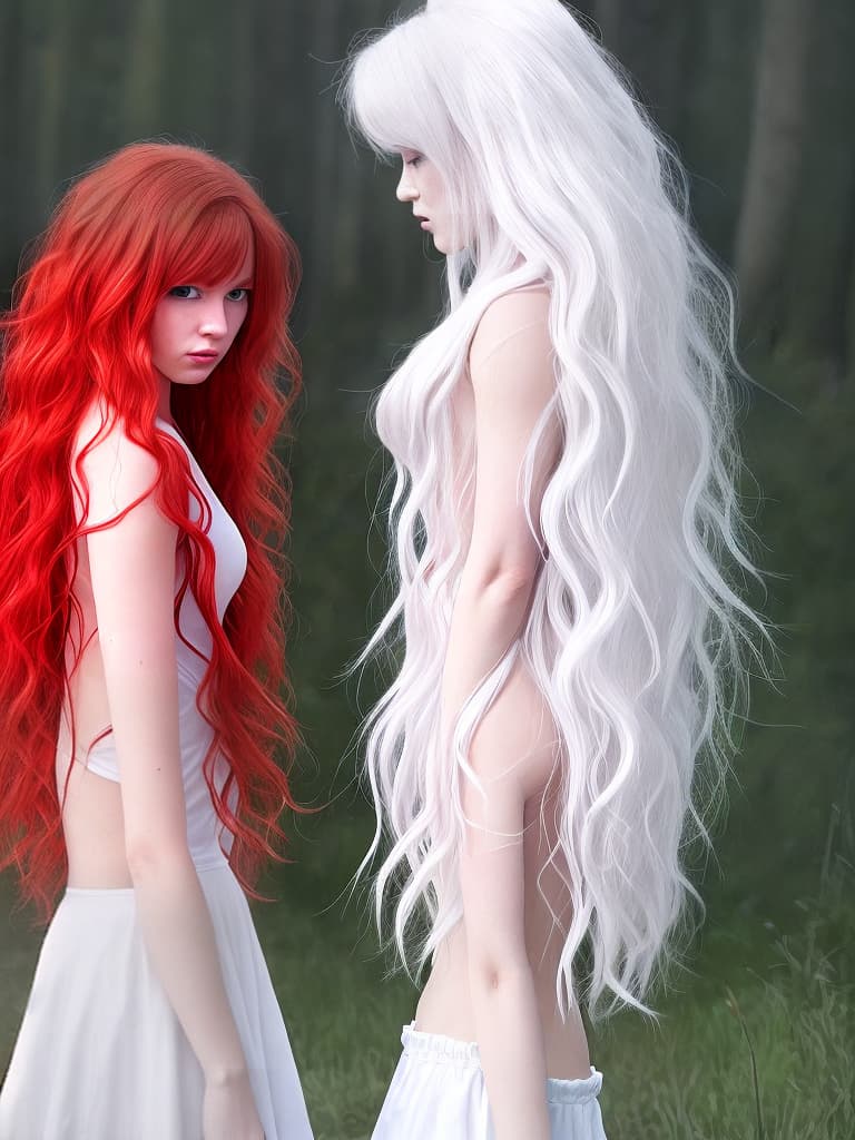  The hair on the right half of the body is red.
The hair on the left half is white.
A woman dressed in white.