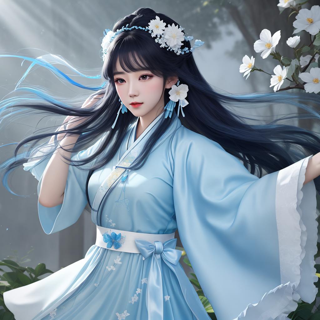  masterpiece, best quality, (Fidelity: 1.4), Best Quality, Masterpiece, Ultra High Resolution, Poster, Fantasy Art, Very Detailed Faces, 8k resolution, Chinese Style, An woman, Side Face, Quiet, Light Blue Hanfu, Tulle Coat, Long Black Hair, Light Blue Fringed Hair Ornament, Hairpin, White Ribbon, White Flower Bush, Light Blue Butterfly Flying, cinematic lighting effects