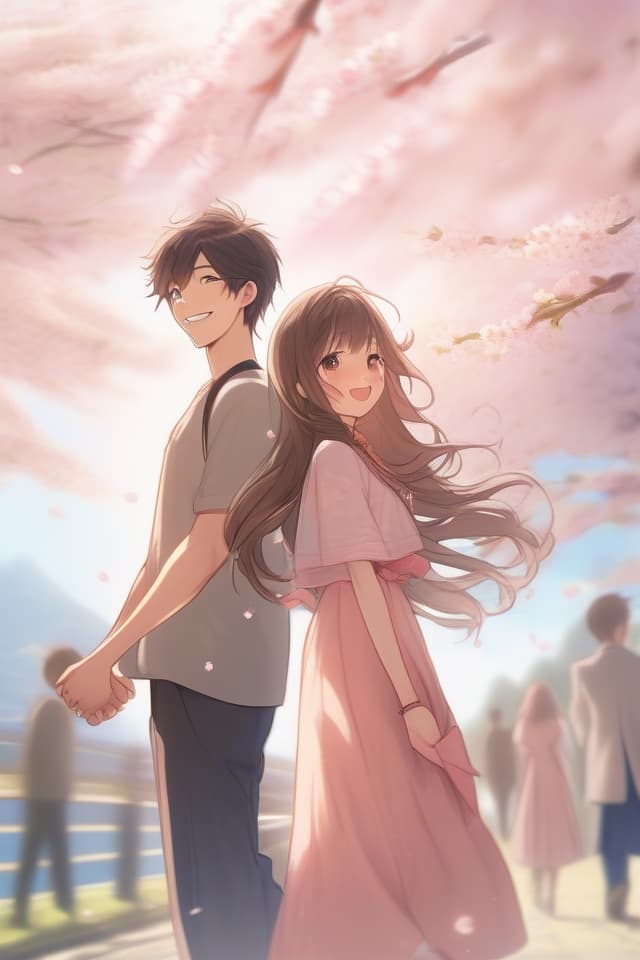  With a smile, holding your shoulders, women are long hair, men and women and children are holding hands, the background is a row of cherry blossoms, the sky is blue sky