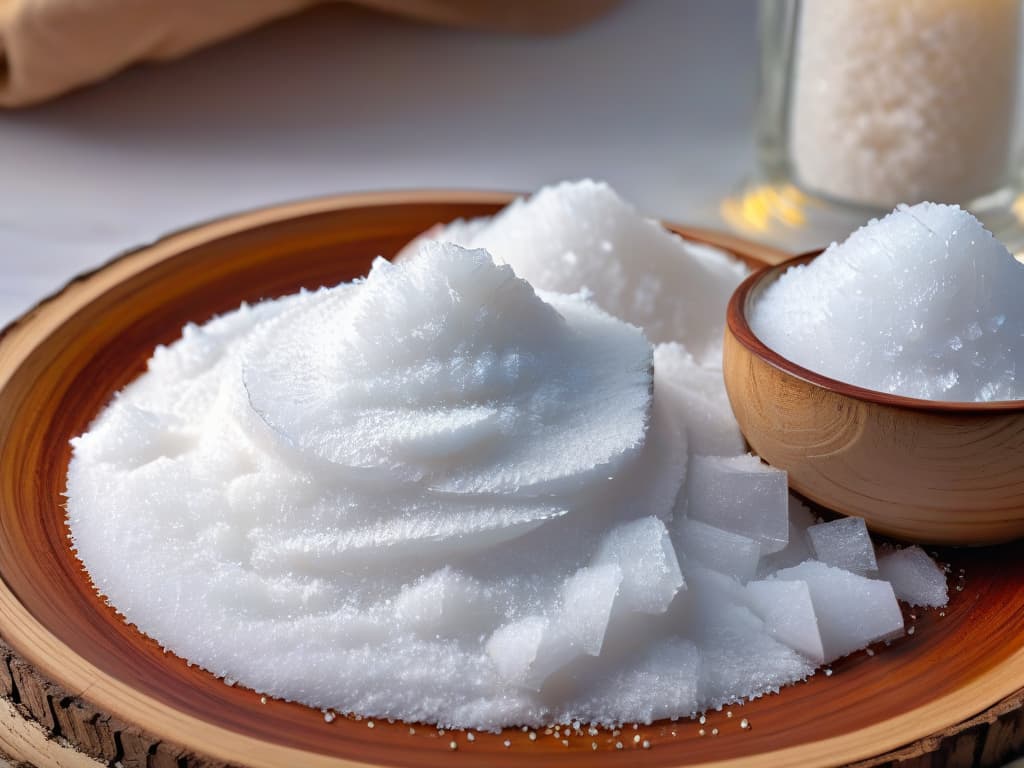  A closeup, ultradetailed image of two small piles of salt side by side, one made of coarse sea salt with tiny crystal formations catching the light, and the other of refined salt with uniform, fine grains delicately arranged. The sea salt pile is placed on a small piece of driftwood, emphasizing its natural origins, while the refined salt sits on a sleek, modern ceramic dish, symbolizing the industrial process. The contrasting textures and colors of the salts create a visually striking and informative composition, perfect for illustrating the difference between sea salt and refined salt. hyperrealistic, full body, detailed clothing, highly detailed, cinematic lighting, stunningly beautiful, intricate, sharp focus, f/1. 8, 85mm, (centered image composition), (professionally color graded), ((bright soft diffused light)), volumetric fog, trending on instagram, trending on tumblr, HDR 4K, 8K