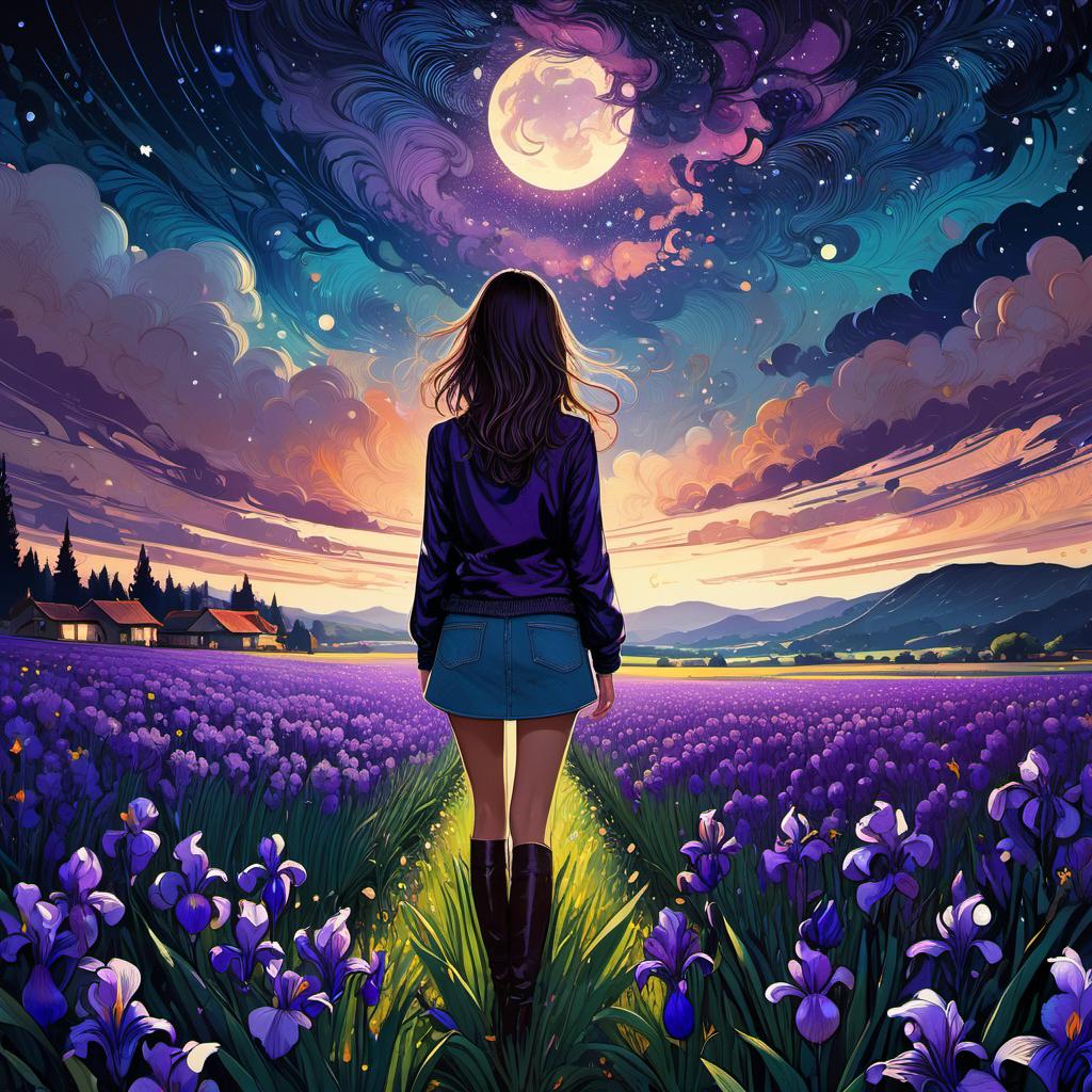  European girl, casual clothing, The view from behind, on the Fields of Purple Irises, after rain, starry sky, clouds, vivid, highly detailed, Nicolas Delort and Victo Ngai, hand-drawn, digital art, Midnight, whimsical, (enchanting atmosphere:1.1), warm lighting , depth of field, Wacom Cintiq, Adobe Photoshop, 300 DPI, (hdr:1.2), dark perple shadows