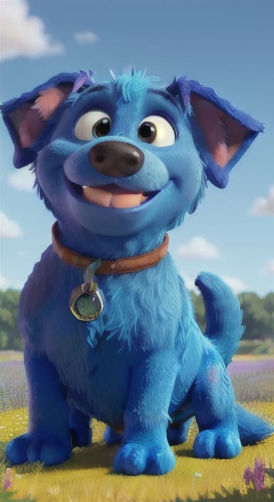  {A happy, big blue dog wagging its tail in a colorful meadow, The big blue dog is large with sky blue fur, big round eyes, a black nose, and floppy ears.