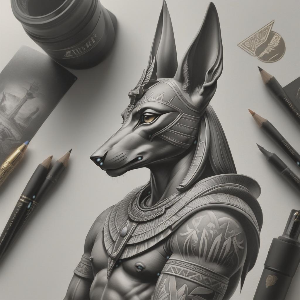  black and white sketch of anubis tattoo hyperrealistic, full body, detailed clothing, highly detailed, cinematic lighting, stunningly beautiful, intricate, sharp focus, f/1. 8, 85mm, (centered image composition), (professionally color graded), ((bright soft diffused light)), volumetric fog, trending on instagram, trending on tumblr, HDR 4K, 8K