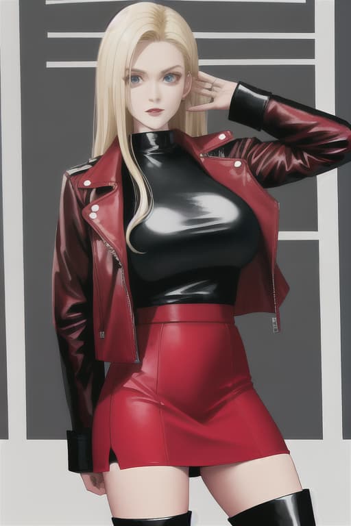  Red tight skirt, black leather jacket, white turtleneck sweater, blonde, black short boots, big tits