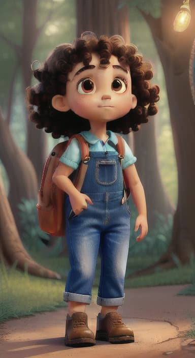  {The tree shining brightly and releasing a gentle, magical light., Riley, a curious with big brown eyes and curly hair, wearing overalls and carrying a small backpack. Their friend, Skye, a bluebird with shiny feathers.