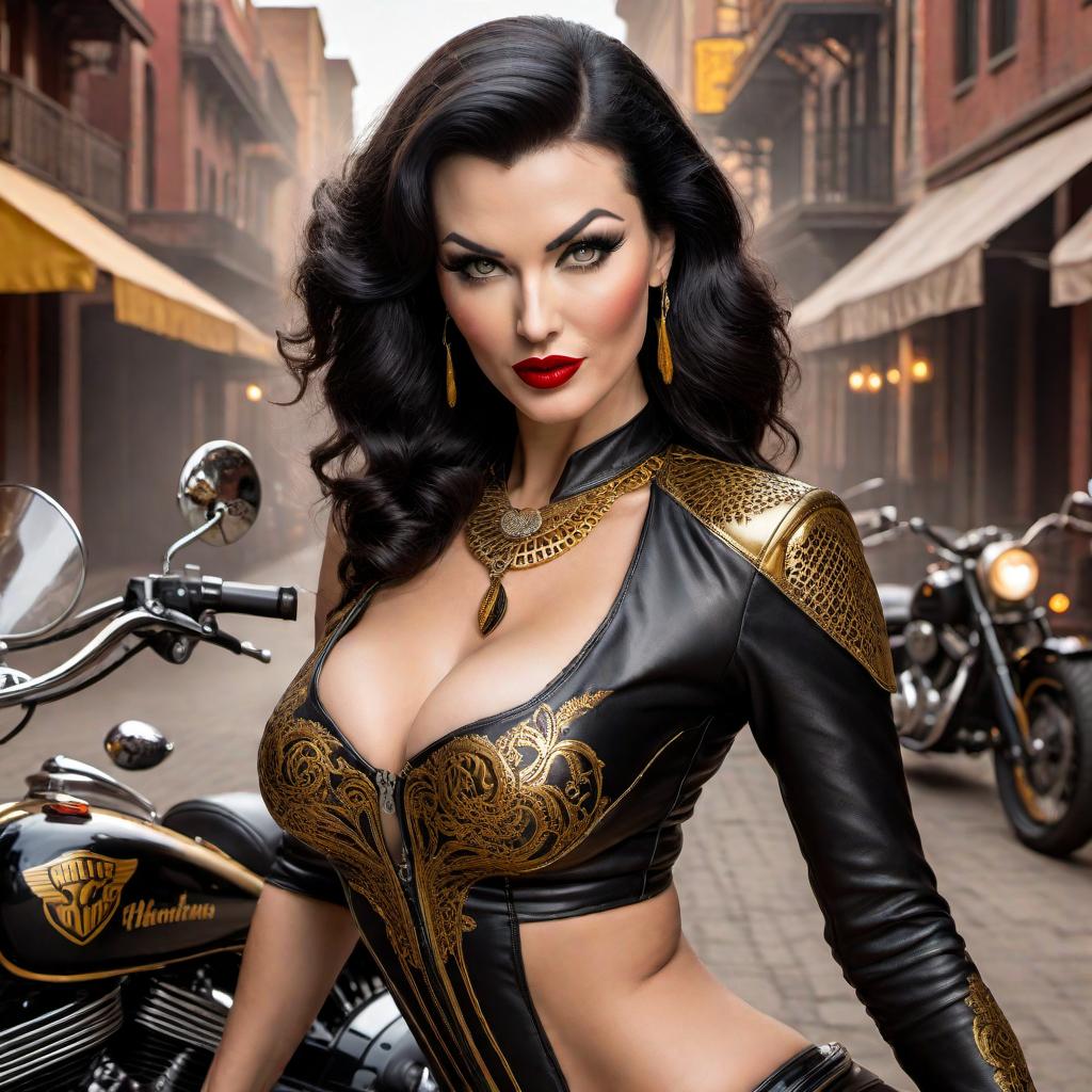  A burlesque dancer, reminiscent of Betty Page and Norma Jean, striking a pose on a Harley motorcycle. She has a snarl Mona Lisa smile on her face, with the motorcycle colored in black and gold. The background features a keyhole design. The size of the body and the bike should be proportionate. hyperrealistic, full body, detailed clothing, highly detailed, cinematic lighting, stunningly beautiful, intricate, sharp focus, f/1. 8, 85mm, (centered image composition), (professionally color graded), ((bright soft diffused light)), volumetric fog, trending on instagram, trending on tumblr, HDR 4K, 8K