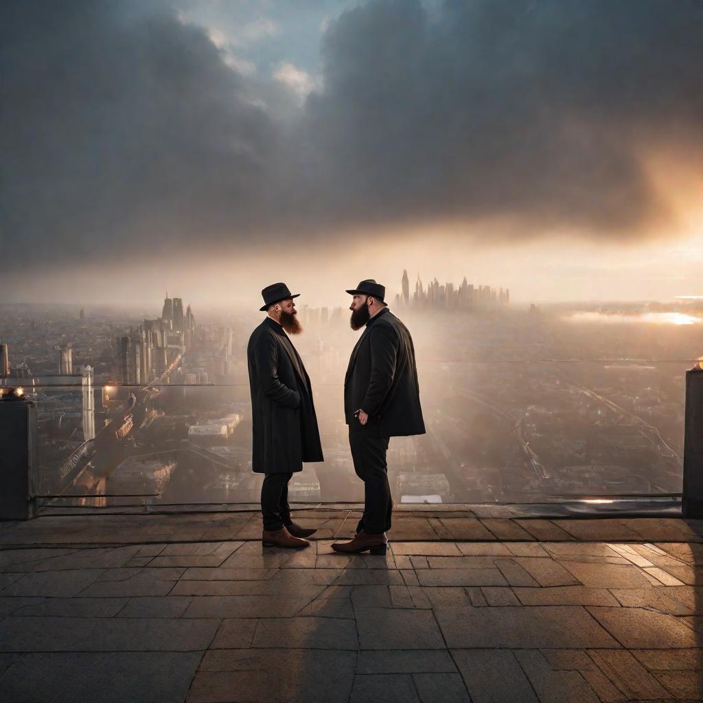  Two men .One with a beard, the other not.kissing.The evening city is visible at sunset 🌆 One of them is taller than the other hyperrealistic, full body, detailed clothing, highly detailed, cinematic lighting, stunningly beautiful, intricate, sharp focus, f/1. 8, 85mm, (centered image composition), (professionally color graded), ((bright soft diffused light)), volumetric fog, trending on instagram, trending on tumblr, HDR 4K, 8K