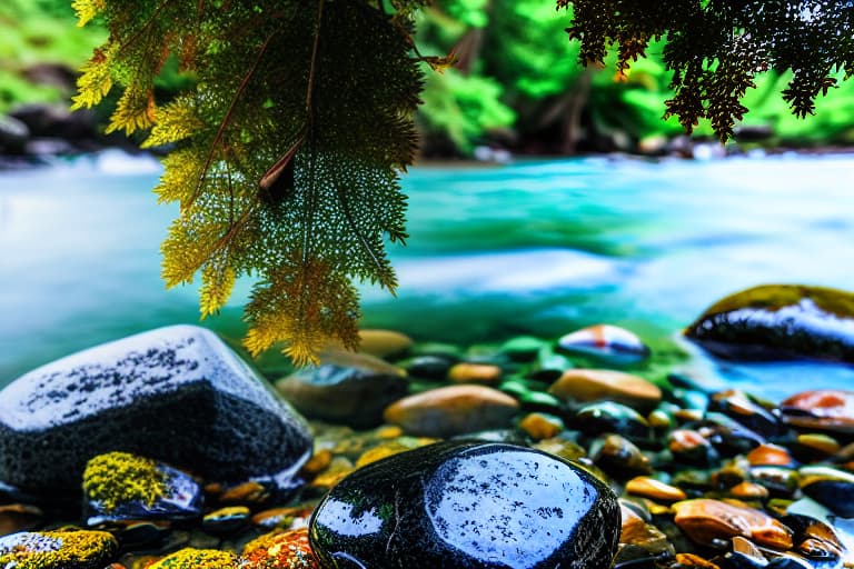  blur background with stones water sunlight leaves tree