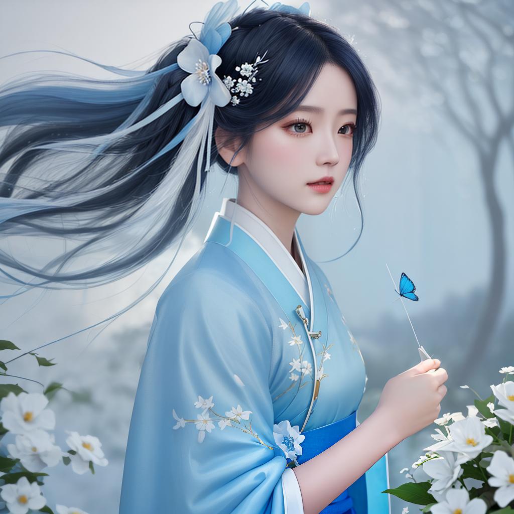  masterpiece, best quality, (Fidelity: 1.4), Best Quality, Masterpiece, Ultra High Resolution, Poster, Fantasy Art, Very Detailed Faces, 8k resolution, Chinese Style, An woman, Side Face, Quiet, Light Blue Hanfu, Tulle Coat, Long Black Hair, Light Blue Fringed Hair Ornament, Hairpin, White Ribbon, White Flower Bush, Light Blue Butterfly Flying, cinematic lighting effects