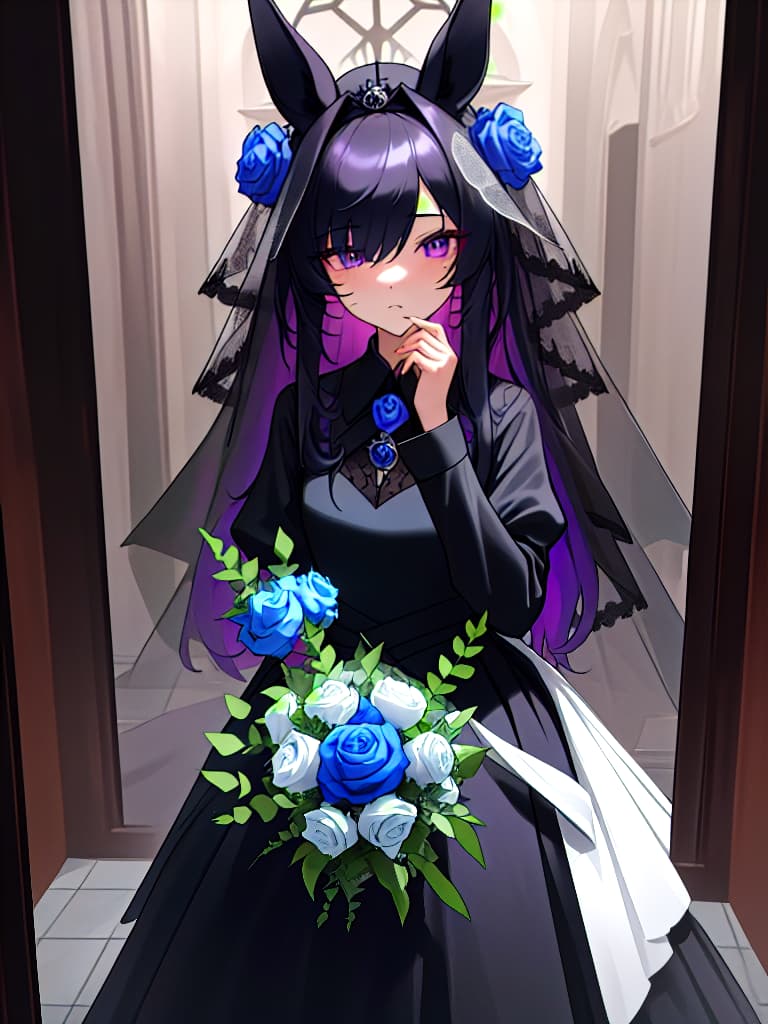  (masterpiece:1.2),(best quality:1.2),1 girl,black long hair,(hair over left eye:1.2),purple eyes,(black wedding dress:1.4),red sleeves,blue roses bouquet,horse ears,small black hat with a blue rose,in,in chapel,rice shower,cowboy shot,pov,looking at viewer, masterpiece, best quality,8k,ultra detailed,high resolution,an extremely delicate and beautiful,hyper detail