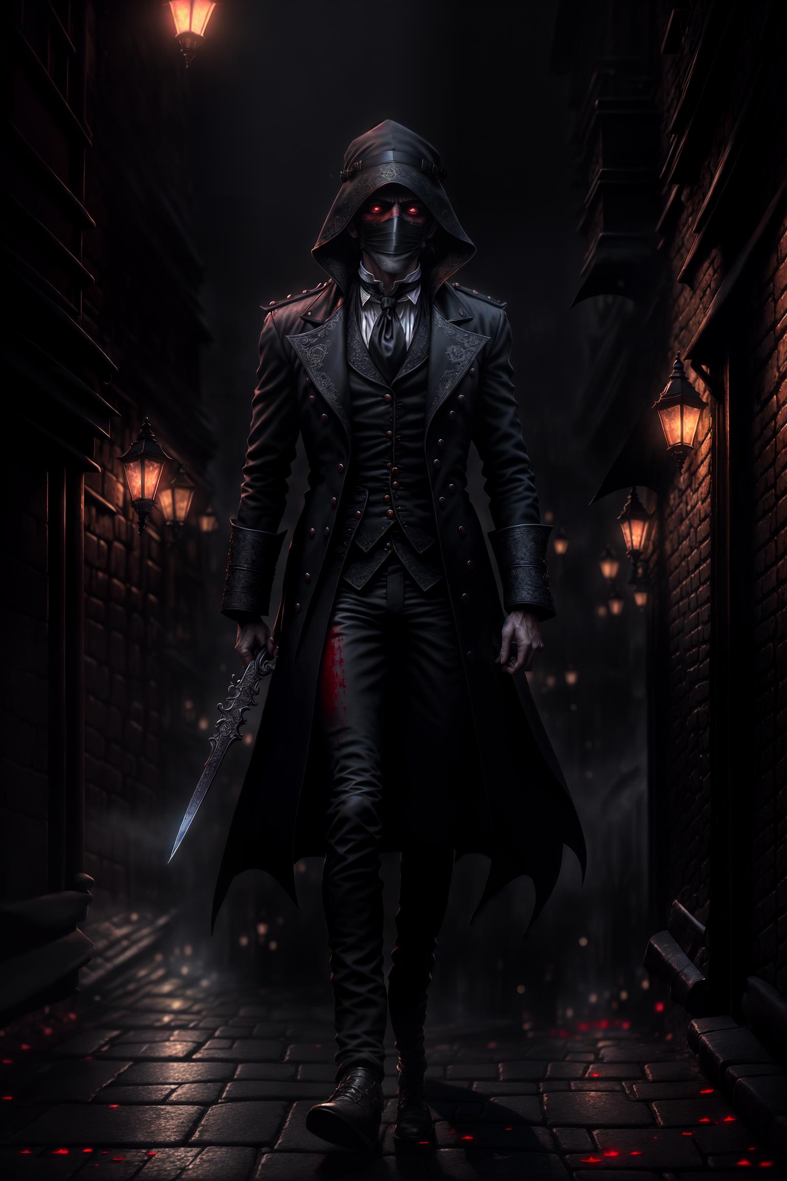  Jack the Ripper, (male:1.5),(skinny and shriveled), (wearing a terror mask:1.2), (long coat:1.0), (wearing a black dark colored long coat), (making him harder to detect at night), (knife in hand:1.1), (eerie gait:1.0), (street environment:1.2), (fog covered streets of the old city of London in the late 19th century), (environment includes ancient buildings, cobblestone roads, and dim twilight lights), (night and fog:1.0), (a night with the moon high, few stars, and thick fog), (increasing the sense of mystery and horror), (deserted:0.8), (to add to the mystery and horror), (depicting a deserted street), (only a few dim and unclear lights around), (bloodstain element:1.2), (adding some bright red bloodstains near the character or on the tool hyperrealistic, full body, detailed clothing, highly detailed, cinematic lighting, stunningly beautiful, intricate, sharp focus, f/1. 8, 85mm, (centered image composition), (professionally color graded), ((bright soft diffused light)), volumetric fog, trending on instagram, trending on tumblr, HDR 4K, 8K