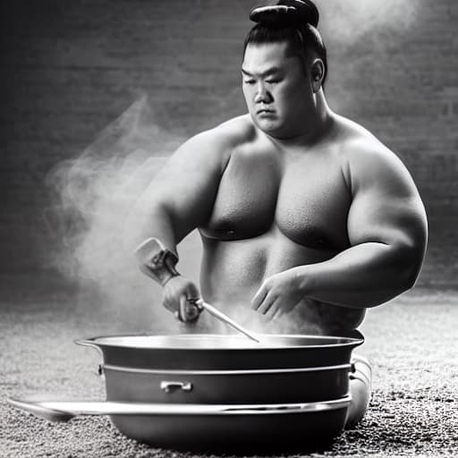  A far sumo wrestler cooking Bolognese in a dutch oven hyperrealistic, full body, detailed clothing, highly detailed, cinematic lighting, stunningly beautiful, intricate, sharp focus, f/1. 8, 85mm, (centered image composition), (professionally color graded), ((bright soft diffused light)), volumetric fog, trending on instagram, trending on tumblr, HDR 4K, 8K