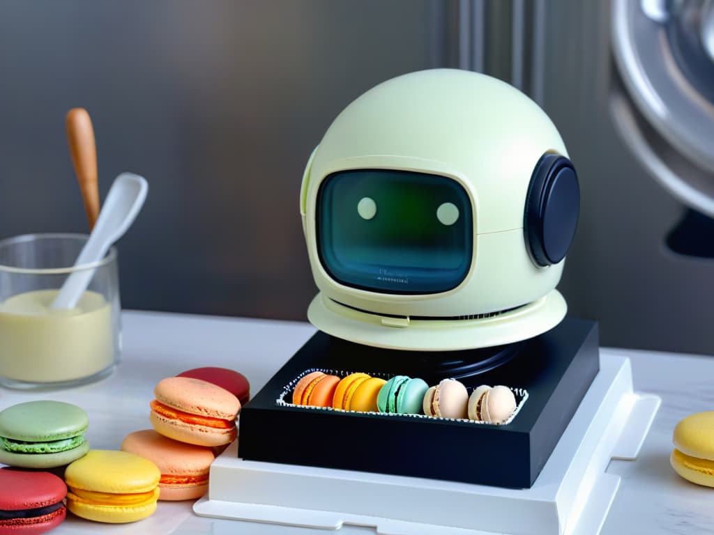  An intricately detailed 8k ultradetailed image of a sleek, futuristic robot kitchen appliance seamlessly whipping up a batch of colorful macarons, against a backdrop of a cozy, traditional kitchen setting with vintage utensils and ingredients scattered around, showcasing the contrast between modern technology and traditional methods in pastrymaking. hyperrealistic, full body, detailed clothing, highly detailed, cinematic lighting, stunningly beautiful, intricate, sharp focus, f/1. 8, 85mm, (centered image composition), (professionally color graded), ((bright soft diffused light)), volumetric fog, trending on instagram, trending on tumblr, HDR 4K, 8K