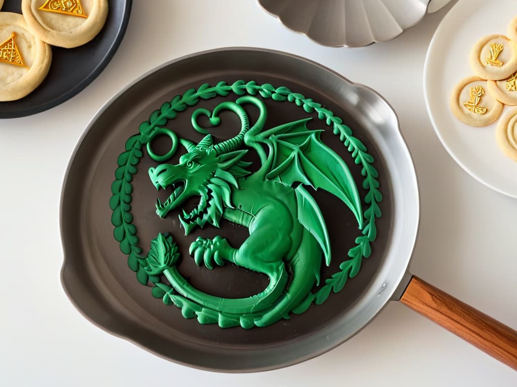  An ultradetailed, minimalist illustration of a set of Game of Thronesthemed baking utensils arranged neatly on a sleek, modern kitchen countertop. The utensils include intricately designed cookie cutters shaped like dragon silhouettes, a rolling pin with subtle House sigil engravings, and a whisk resembling a miniature sword. The image captures the essence of fantasy and culinary artistry, with a monochromatic color scheme that enhances the elegance and sophistication of the utensils. hyperrealistic, full body, detailed clothing, highly detailed, cinematic lighting, stunningly beautiful, intricate, sharp focus, f/1. 8, 85mm, (centered image composition), (professionally color graded), ((bright soft diffused light)), volumetric fog, trending on instagram, trending on tumblr, HDR 4K, 8K