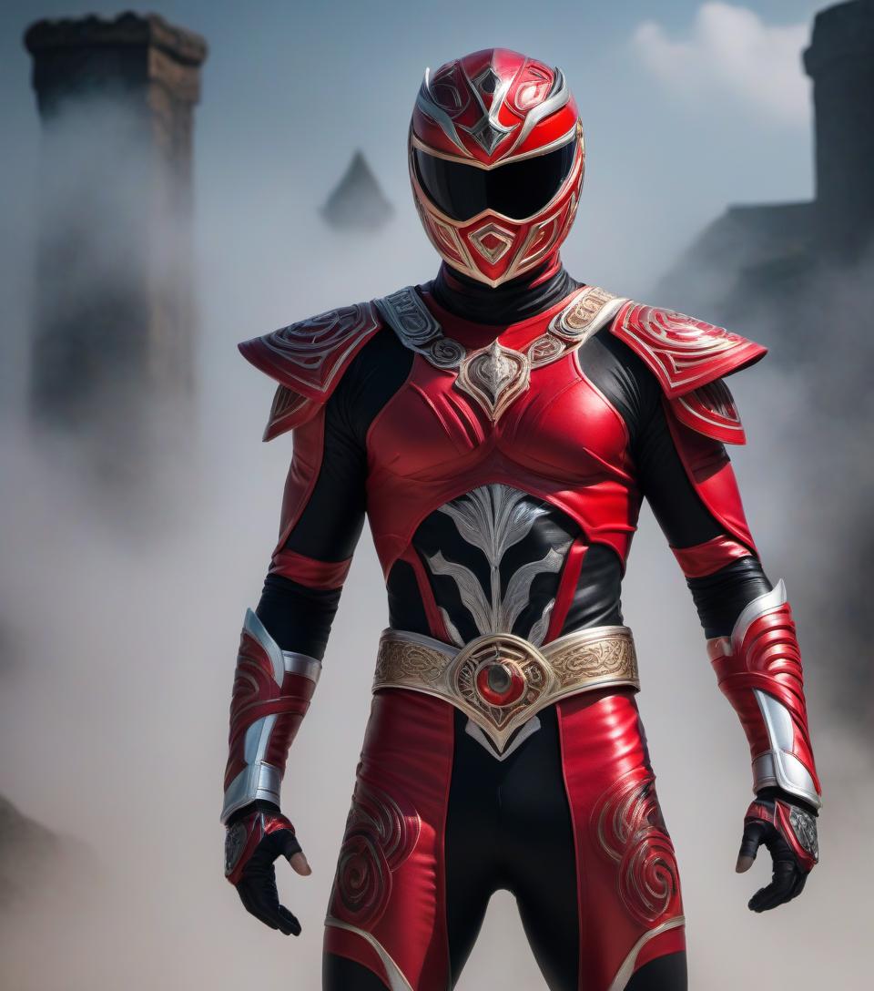  A Power Ranger standing full length on a blurred background, dressed in a red and black body hugging Celtic Warrior outfit with silver voluminous magical patterns, inserts and a cyclops texture. A red and black fully covering and form fitting Celtic Warrior helmet in the shape of a cyclops head with silver volumetric magical patterns, inserts and a cyclops texture. hyperrealistic, full body, detailed clothing, highly detailed, cinematic lighting, stunningly beautiful, intricate, sharp focus, f/1. 8, 85mm, (centered image composition), (professionally color graded), ((bright soft diffused light)), volumetric fog, trending on instagram, trending on tumblr, HDR 4K, 8K