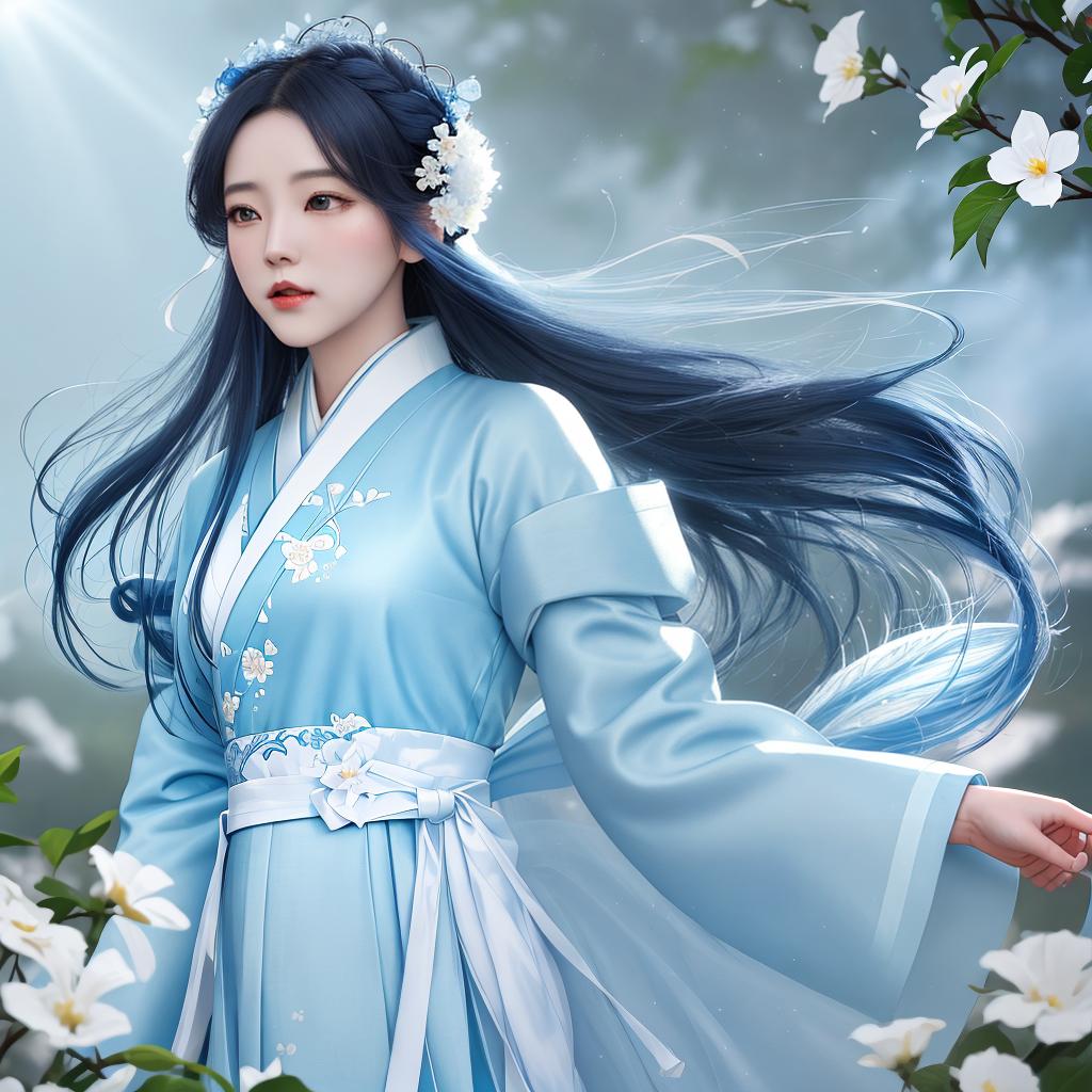  masterpiece, best quality, (Fidelity: 1.4), Best Quality, Masterpiece, Ultra High Resolution, Poster, Fantasy Art, Very Detailed Faces, 8k resolution, Chinese Style, An woman, Side Face, Quiet, Light Blue Hanfu, Tulle Coat, Long Black Hair, Light Blue Fringed Hair Ornament, Hairpin, White Ribbon, White Flower Bush, Light Blue Butterfly Flying, cinematic lighting effects