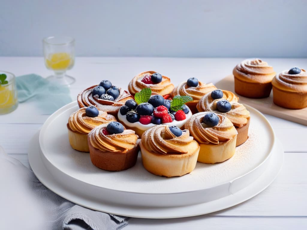  A highresolution image of a beautifully arranged assortment of freshly baked diabeticfriendly pastries, including sugarfree muffins, whole grain bread slices, and lowcarb cinnamon rolls, all artfully displayed on a sleek, modern white serving platter. The pastries are garnished with fresh berries and mint leaves, exuding an air of healthfulness and indulgence. The minimalist composition highlights the textures and colors of the pastries, enticing the viewer with the promise of delicious, guiltfree treats. hyperrealistic, full body, detailed clothing, highly detailed, cinematic lighting, stunningly beautiful, intricate, sharp focus, f/1. 8, 85mm, (centered image composition), (professionally color graded), ((bright soft diffused light)), volumetric fog, trending on instagram, trending on tumblr, HDR 4K, 8K