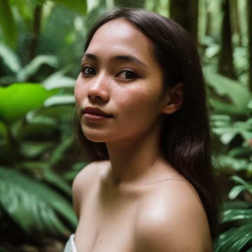  a medium portrait of a woman in a sunny tropical forest, 85mm 1.2 f stop, Canon Mark V