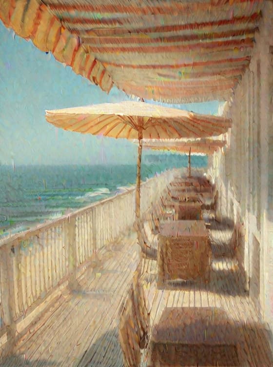  Elegant beachfront restaurant, viewed from the front with a spacious balcony on the left and a terrace with a sun umbrella on top. The setting is serene with a clear sky and gentle sea breeze. Captured in Editorial Photo style, with a focus on natural light and high resolution. (4k, best quality, masterpiece:1.2), ultrahigh res, highly detailed, sharp focus