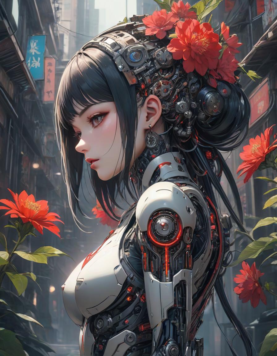  biomechanical cyberpunk official art, unity 8k wallpaper, ultra detailed, beautiful and aesthetic, masterpiece, best quality, (zentangle, mandala, tangle, entangle), (fractal art:1.3) , 1girl, red flowers, extremely detailed, dynamic angle, cowboyshot, the most beautiful form of chaos, elegant, a brutalist designed, vivid colours, romanticism, by james jean, roby dwi antono, ross tran, francis bacon, michal mraz, adrian ghenie, petra cortright, gerhard richter, takato yamamoto, ashley wood, atmospheric . cybernetics, human machine fusion, dystopian, organic meets artificial, dark, intricate, highly detailed hyperrealistic, full body, detailed clothing, highly detailed, cinematic lighting, stunningly beautiful, intricate, sharp focus, f/1. 8, 85mm, (centered image composition), (professionally color graded), ((bright soft diffused light)), volumetric fog, trending on instagram, trending on tumblr, HDR 4K, 8K