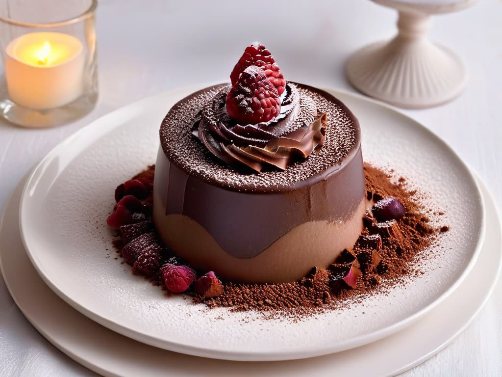  A closeup, ultradetailed image of a perfectly textured chocolate mousse garnished with delicate chocolate shavings, a dusting of cocoa powder, and a single fresh raspberry on top, all set on a simple, elegant white plate. hyperrealistic, full body, detailed clothing, highly detailed, cinematic lighting, stunningly beautiful, intricate, sharp focus, f/1. 8, 85mm, (centered image composition), (professionally color graded), ((bright soft diffused light)), volumetric fog, trending on instagram, trending on tumblr, HDR 4K, 8K