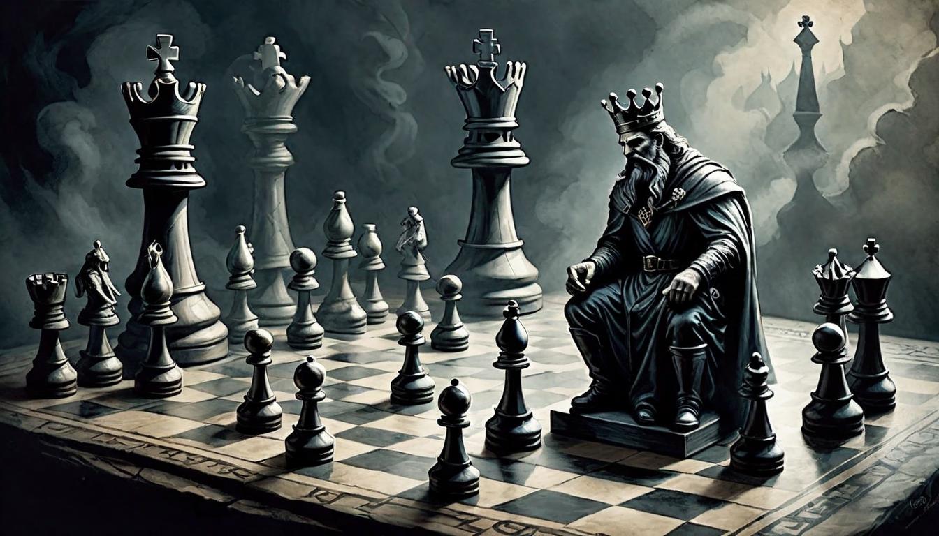  on parchment, surrealism+++, Chess pieces on a board enveloped in shadows, the King piece facing a menacing figure of fate, strategic placement, dark cunning, unseen forces at play(mysterious, provocative, symbolic,muted color)+++