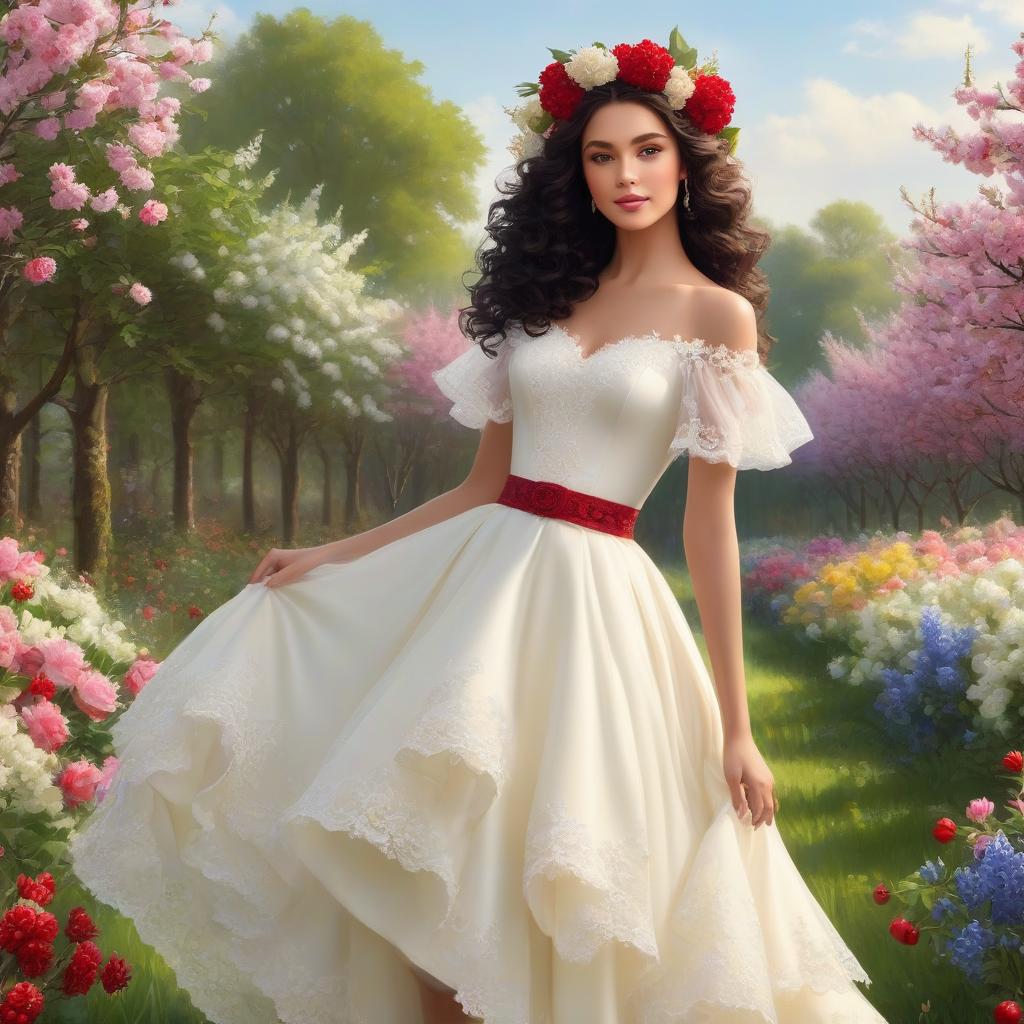  A masterpiece. Very beautiful girl with black curls gathered upwards. Beautiful hairstyle. White wedding fitted dress with lace. Elegance. Very beautiful dress. Brown eyes. Happy look. No pomp, just elegance. (Sparkling rim)): spring field, hyacinths, roses, rosehips, rose hips, peonies, cherry tree, yellow, red. Realism, rococo, surrealist abstraction. Alfonso Mucha, Honoré Fargonard. hyperrealistic, full body, detailed clothing, highly detailed, cinematic lighting, stunningly beautiful, intricate, sharp focus, f/1. 8, 85mm, (centered image composition), (professionally color graded), ((bright soft diffused light)), volumetric fog, trending on instagram, trending on tumblr, HDR 4K, 8K