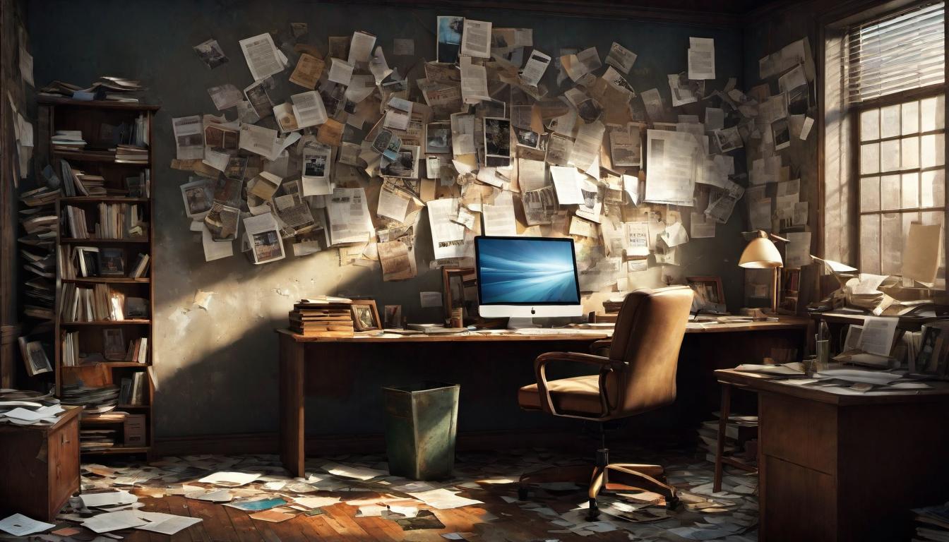  digital illustration, An empty chair at a cluttered desk, surrounded by dimly lit, abandoned office space, walls adorned with fading pictures of happier times. A metaphor for lost faith in one’s values, a departure from former beliefs, empty pursuits, a silent witness to change., looking at viewer, dynamic pose, (intricate details, masterpiece, best quality)