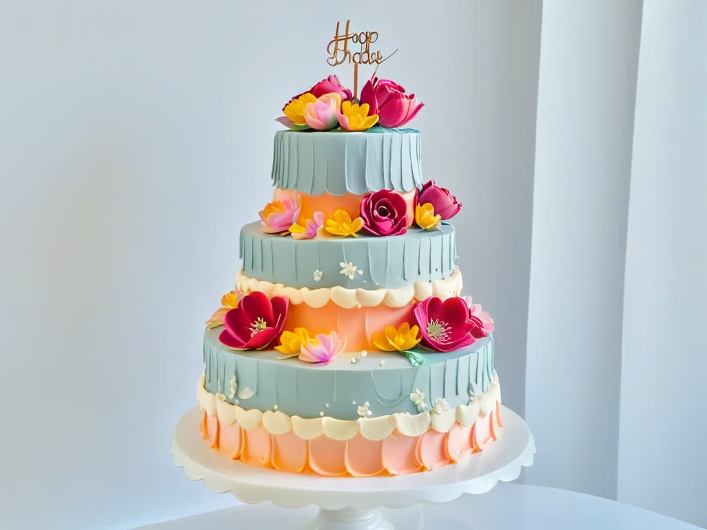  A beautifully plated threetiered cake, intricately decorated with delicate sugar flowers in pastel hues, set against a clean white backdrop. The top tier features a miniature edible sculpture of a bride and groom, while the middle tier is adorned with intricate lacelike icing details. The bottom tier showcases a cascade of fondant petals in varying shades of pink and peach, creating a stunning visual centerpiece for a special event. hyperrealistic, full body, detailed clothing, highly detailed, cinematic lighting, stunningly beautiful, intricate, sharp focus, f/1. 8, 85mm, (centered image composition), (professionally color graded), ((bright soft diffused light)), volumetric fog, trending on instagram, trending on tumblr, HDR 4K, 8K