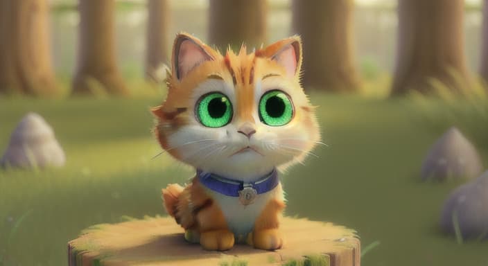  {Whiskers looking around with wide eyes, surrounded by tall trees with no familiar sights in view., Whiskers is a small, fluffy cat with bright, green eyes and soft, orange fur. He wears a little blue collar with a shiny silver tag. Whiskers is always curious and loves to explore.