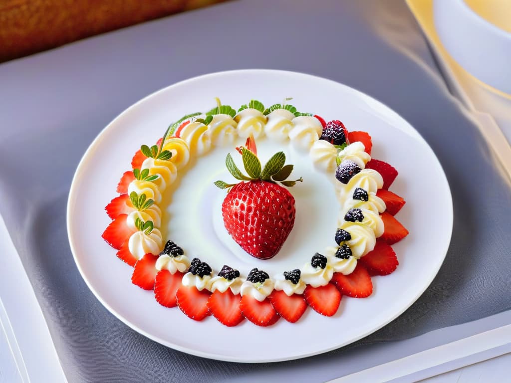  A closeup, ultradetailed image of a single ripe strawberry covered in tiny, glistening fruit 'caviar' spheres, placed delicately on a sleek, modern white dessert plate. Each individual sphere reflects the light, showcasing a rainbow of vibrant colors, while the strawberry's luscious red hue contrasts beautifully against the minimalist background. The precision and artistry of the fruit caviar creation are evident in every minute detail, inviting viewers to explore the world of gourmet desserts with a touch of innovation and exclusivity. hyperrealistic, full body, detailed clothing, highly detailed, cinematic lighting, stunningly beautiful, intricate, sharp focus, f/1. 8, 85mm, (centered image composition), (professionally color graded), ((bright soft diffused light)), volumetric fog, trending on instagram, trending on tumblr, HDR 4K, 8K