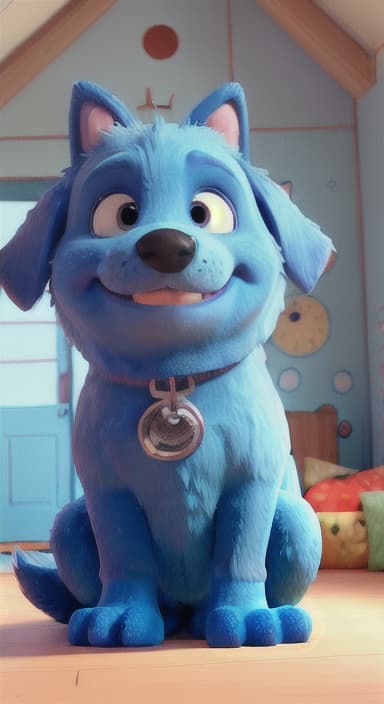  {Max snuggled up in his comfy dog bed inside the house, fast asleep, The big blue dog is large with sky blue fur, big round eyes, a black nose, and floppy ears.