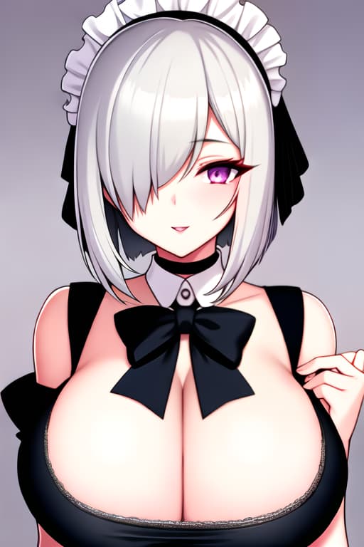  Silver short hair, hair over one eye, goth maid, huge massive big lightly covered