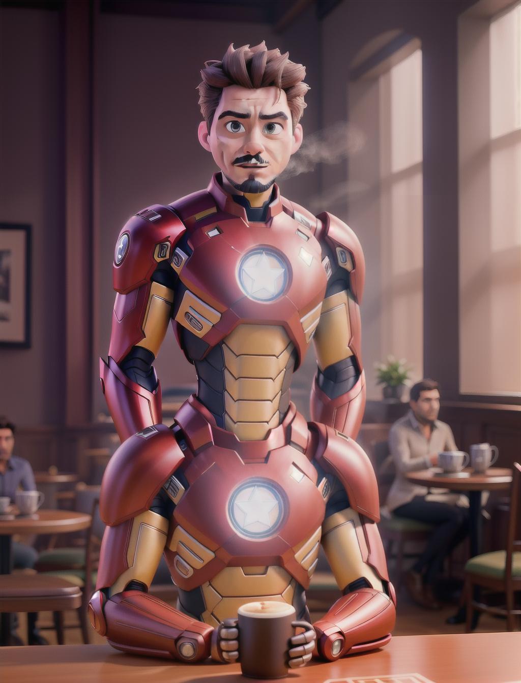  Create an image depicting Tony Stark seated at a cozy café table, engaged in conversation with his Iron Man suit. The atmosphere should be warm and inviting, with steaming cups of coffee on the table and subtle technological elements integrated into the background. Tony and his suit should be portrayed in a style that blends cartoon aesthetics with realistic details, capturing both the whimsy of the scene and the iconic characters involved hyperrealistic, full body, detailed clothing, highly detailed, cinematic lighting, stunningly beautiful, intricate, sharp focus, f/1. 8, 85mm, (centered image composition), (professionally color graded), ((bright soft diffused light)), volumetric fog, trending on instagram, trending on tumblr, HDR 4K, 8K