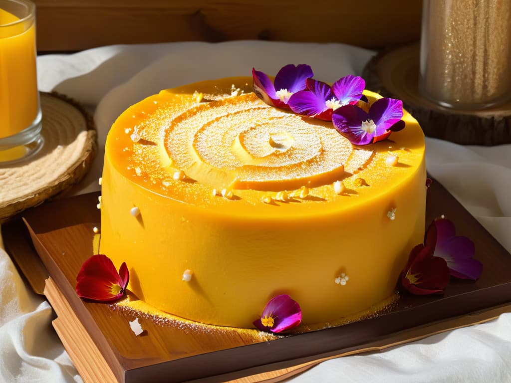  An ultradetailed closeup image of a vibrant, freshly baked mango and coconut flourless cake garnished with edible flowers and a sprinkle of gold leaf, placed on a rustic wooden table with soft natural lighting casting gentle shadows, showcasing the intricate textures and colors of the dessert. hyperrealistic, full body, detailed clothing, highly detailed, cinematic lighting, stunningly beautiful, intricate, sharp focus, f/1. 8, 85mm, (centered image composition), (professionally color graded), ((bright soft diffused light)), volumetric fog, trending on instagram, trending on tumblr, HDR 4K, 8K