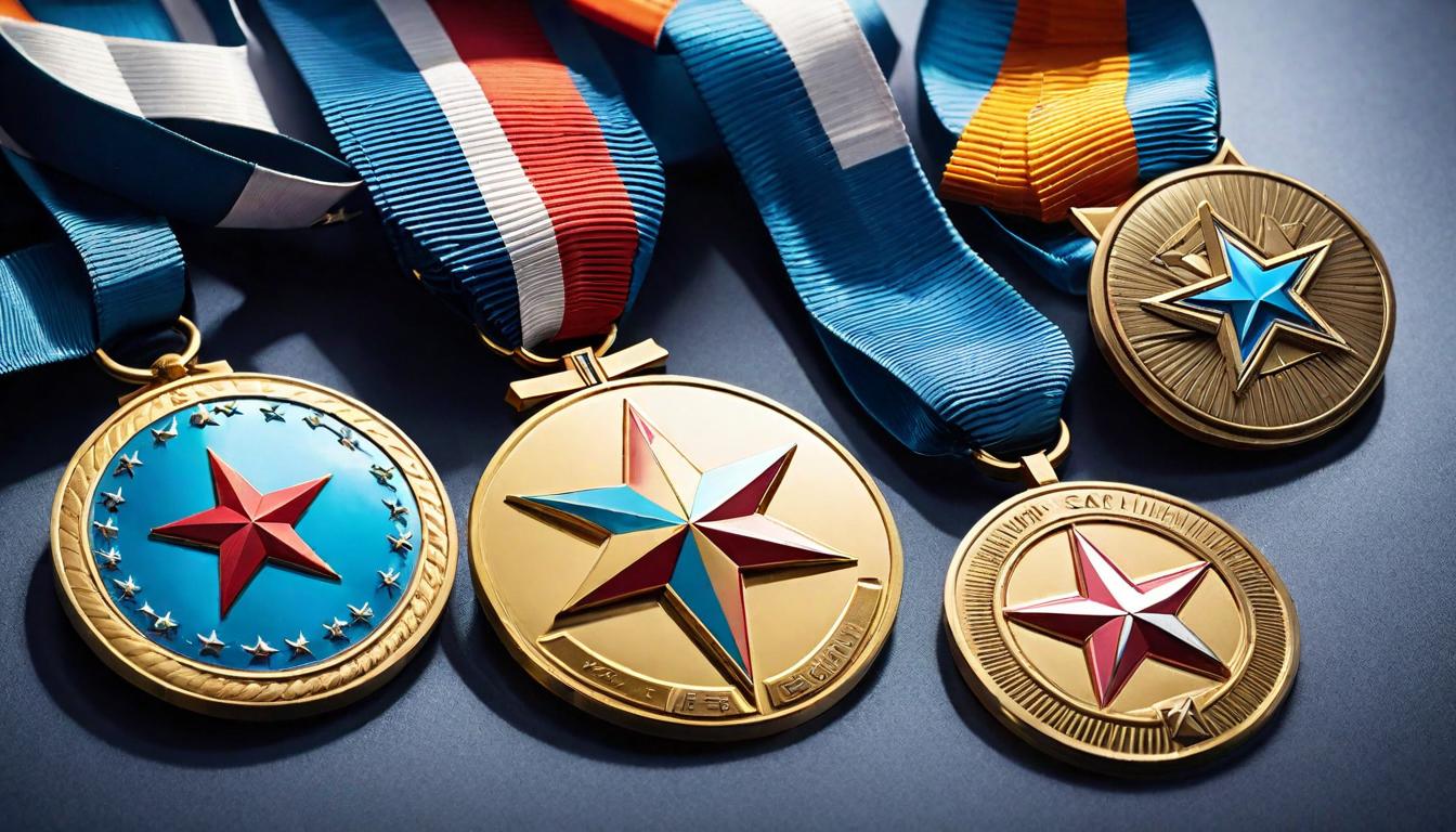  retro futuristic Medals and ribbons on a veteran's uniform, each mark a story of survival, Symbols of endurance, turning pain into pride, Valor, dignity, honor lvintage sci fi, 50s and 60s style, atomic age, vibrant, highly detailed