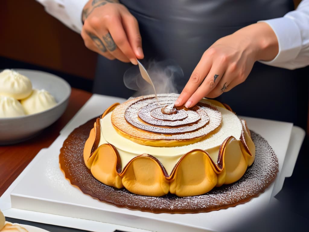  A closeup, photorealistic image of a skilled pastry chef meticulously piping a velvety smooth and perfectly textured cream filling into delicate qatayef pancakes. The chef's hands, adorned with intricate culinary tattoos, expertly maneuver the piping bag, creating a mesmerizing swirl of cream. The soft, warm glow of the kitchen lights highlights the glossy finish of the cream and the intricate details of the qatayef, showcasing the artistry and precision required to achieve the elusive perfect filling. hyperrealistic, full body, detailed clothing, highly detailed, cinematic lighting, stunningly beautiful, intricate, sharp focus, f/1. 8, 85mm, (centered image composition), (professionally color graded), ((bright soft diffused light)), volumetric fog, trending on instagram, trending on tumblr, HDR 4K, 8K