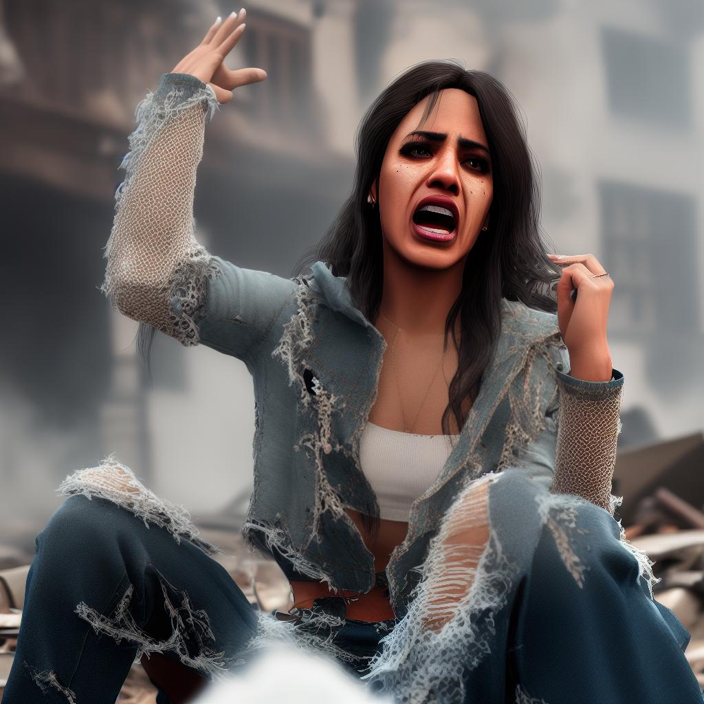  one Latina woman, alone, screaming, crying, facepalm, flat chest, young, sitting on curb in front of burning building, one woman, flat chest, young, screaming, crying, facepalm, tattered clothing, revealing cloth clothing, one woman, flat chest, young, ripped ragged clothes, screaming, crying, facepalm,  ultra realistic, fantasy medieval setting, highly detailed, 4K, 8K, HD, hyperrealistic, full body, detailed clothing, highly detailed, cinematic lighting, stunningly beautiful, intricate, sharp focus, f/1. 8, 85mm, (centered image composition), (professionally color graded), ((bright soft diffused light)), volumetric fog, trending on instagram, trending on tumblr, HDR 4K, 8K