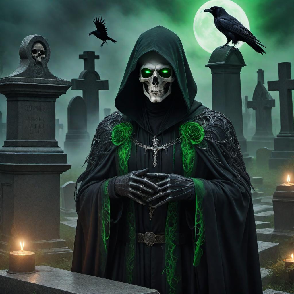  A painting of a person as the Grim Reaper with the face resembling the person in the shared images. The face has medium-length curly brown hair, green eyes, and round glasses, blended in a semi-realistic manner. The Grim Reaper wears a robe with tattered edges and detailed patterns. The background is a spooky graveyard. The Grim Reaper holds the scythe in both hands, with a piercing gaze and glowing green eyes. Ravens perched on tombstones, fog swirling around the ground, and scattered skulls in the scene. Artistic style is semi-realistic with a gothic touch. hyperrealistic, full body, detailed clothing, highly detailed, cinematic lighting, stunningly beautiful, intricate, sharp focus, f/1. 8, 85mm, (centered image composition), (professionally color graded), ((bright soft diffused light)), volumetric fog, trending on instagram, trending on tumblr, HDR 4K, 8K