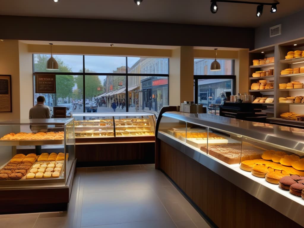  A photorealistic image of a beautifully decorated bakery shop, with a wide variety of colorful and intricately designed pastries displayed in the storefront window. The interior of the shop is warm and inviting, with shelves lined with freshly baked goods, a charming chalkboard menu displaying the day's specials, and a barista skillfully preparing a latte art coffee behind the counter. The scene conveys a sense of creativity, craftsmanship, and a welcoming atmosphere that would inspire readers to create their own pastry blog. hyperrealistic, full body, detailed clothing, highly detailed, cinematic lighting, stunningly beautiful, intricate, sharp focus, f/1. 8, 85mm, (centered image composition), (professionally color graded), ((bright soft diffused light)), volumetric fog, trending on instagram, trending on tumblr, HDR 4K, 8K