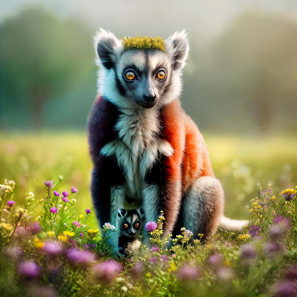  A lemur in a meadow with flowers ,highly detailed, cinematic lighting, stunningly beautiful, intricate, sharp focus, f1. 8, 85mm, (centered image composition), (professionally color graded), ((bright soft diffused light)), volumetric fog, trending on instagram, trending on tumblr, HDR 4K, 8K