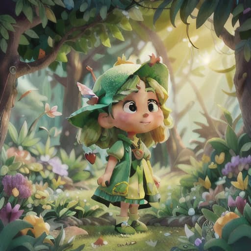  A bustling Spring day in a tranquil corner of a sumptuously green garden with a an fairy named Lina, outfitted in a shimmering green dress complemented by a lovable red hat. Lina's wings are gently glistening. The garden is teeming with flowers of various colors and the emerald green gr is twinkling beneath the sun. The image should concentrate heavily on the vivid grasp of the scene's spirit without excessive details or uncertainty., best quality, very detailed, high resolution, sharp, sharp image, extremely detailed, 4k, 8k hyperrealistic, full body, detailed clothing, highly detailed, cinematic lighting, stunningly beautiful, intricate, sharp focus, f/1. 8, 85mm, (centered image composition), (professionally color graded), ((bright soft diffused light)), volumetric fog, trending on instagram, trending on tumblr, HDR 4K, 8K