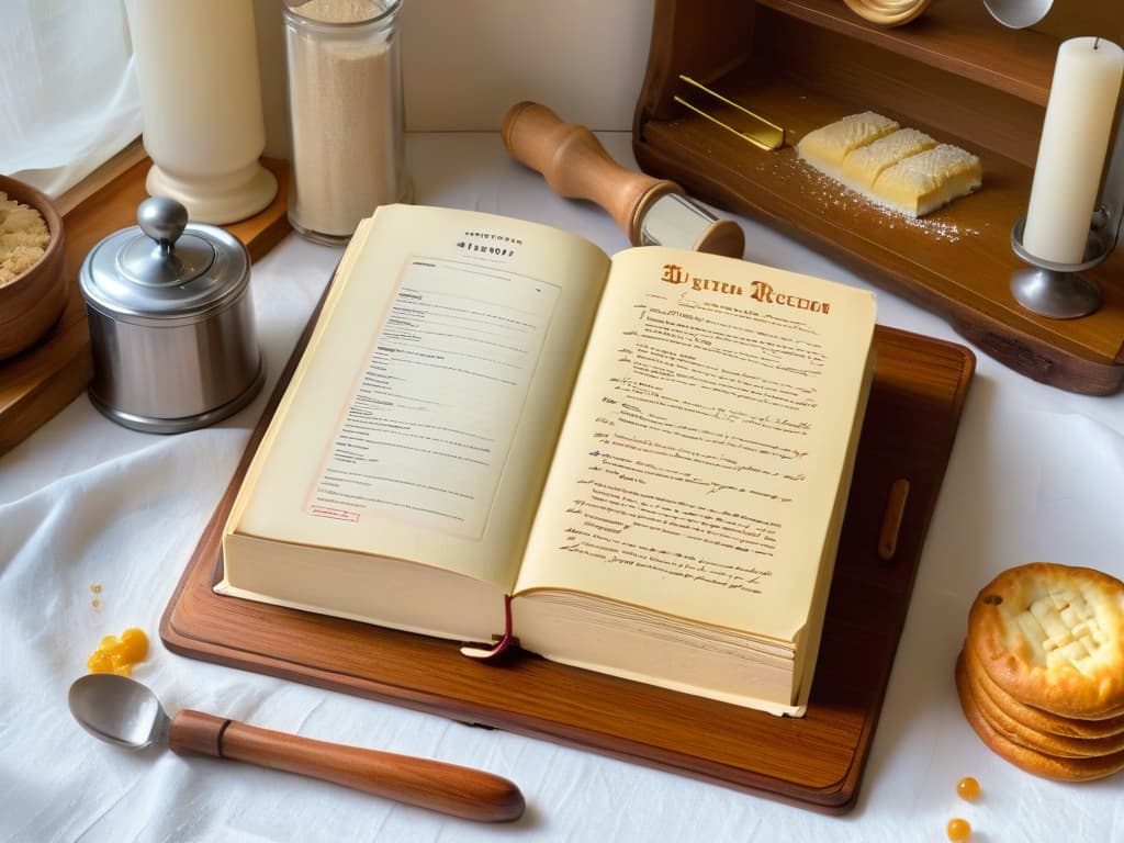  An intricately decorated vintage recipe book open on a wooden kitchen counter, showcasing a wellloved recipe for a traditional pastry. The page is filled with handwritten notes and splatters of ingredients, surrounded by antique baking tools like a rolling pin, cookie cutters, and a flour sifter. The warm natural light streaming in through a nearby window highlights the details of the aged paper and the textures of the kitchen items, creating a cozy and nostalgic atmosphere. hyperrealistic, full body, detailed clothing, highly detailed, cinematic lighting, stunningly beautiful, intricate, sharp focus, f/1. 8, 85mm, (centered image composition), (professionally color graded), ((bright soft diffused light)), volumetric fog, trending on instagram, trending on tumblr, HDR 4K, 8K