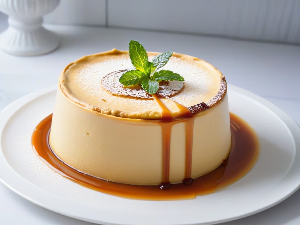  An ultradetailed closeup image of a perfectly baked Quesillo Venezolano with a glossy caramel glaze, resting on a delicate white porcelain plate. The flan is beautifully presented with a dusting of powdered sugar and a sprig of fresh mint on the side, showcasing its smooth texture and rich golden color. The lighting highlights the intricate details of the dessert, creating a visually stunning and appetizing minimalistic composition. hyperrealistic, full body, detailed clothing, highly detailed, cinematic lighting, stunningly beautiful, intricate, sharp focus, f/1. 8, 85mm, (centered image composition), (professionally color graded), ((bright soft diffused light)), volumetric fog, trending on instagram, trending on tumblr, HDR 4K, 8K