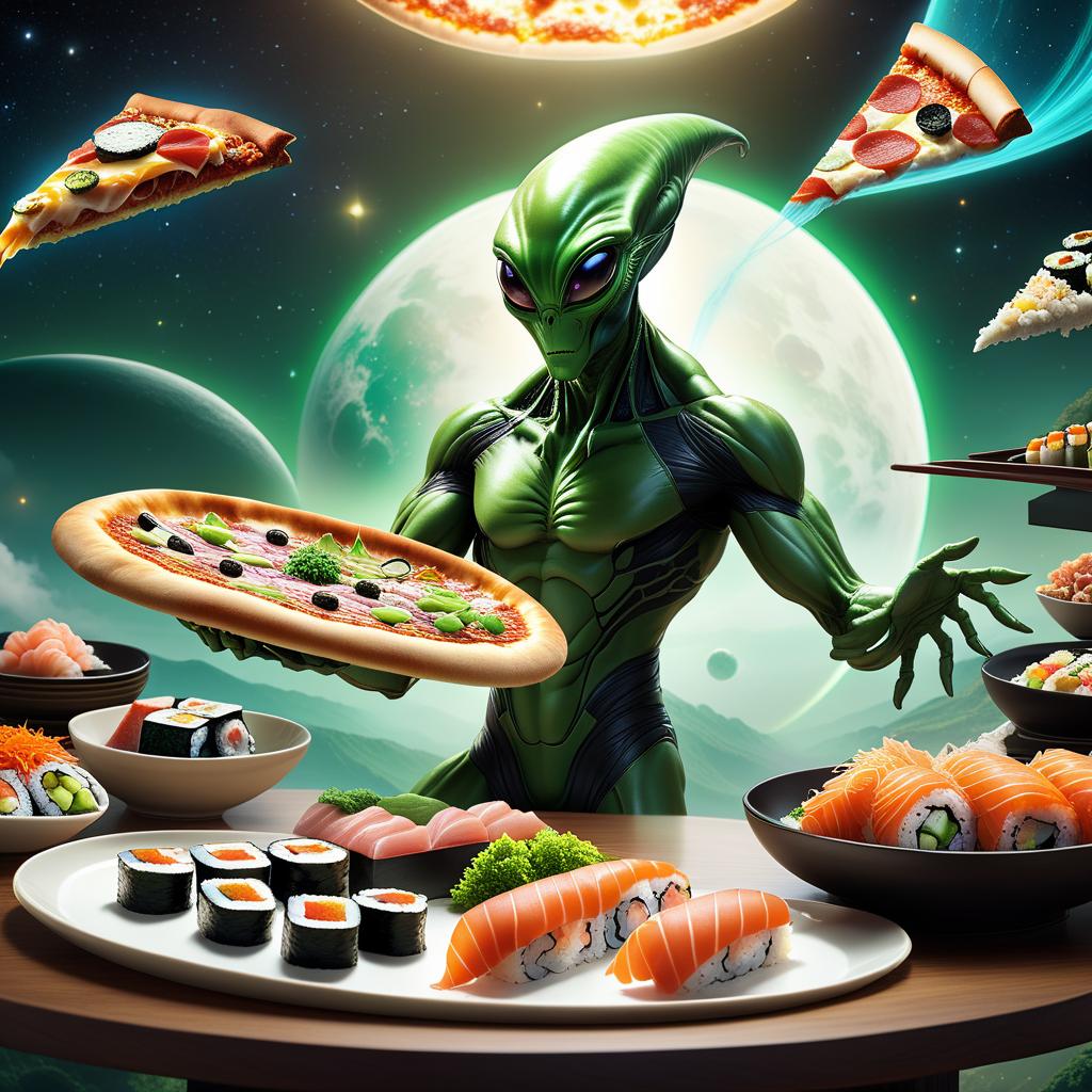  concept art A green alien hand reaches for a flying pizza in the galaxy, while sushi flies around. . digital artwork, illustrative, painterly, matte painting, highly detailed hyperrealistic, full body, detailed clothing, highly detailed, cinematic lighting, stunningly beautiful, intricate, sharp focus, f/1. 8, 85mm, (centered image composition), (professionally color graded), ((bright soft diffused light)), volumetric fog, trending on instagram, trending on tumblr, HDR 4K, 8K