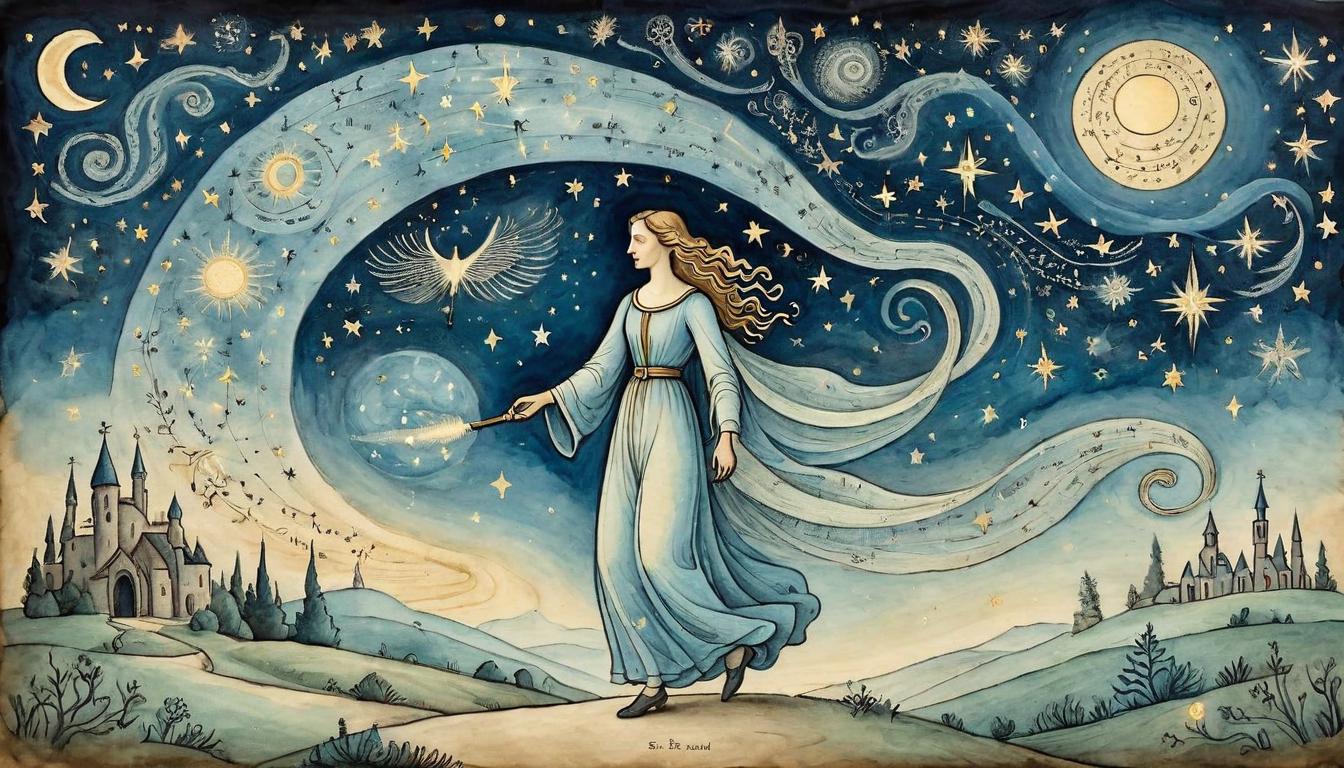  on parchment, surrealism+++, A celestial guide figure leading the way through a starry night, illuminating the path, deep connection with divine wisdom, guiding, serene, connected(mysterious, provocative, symbolic,muted color)+++