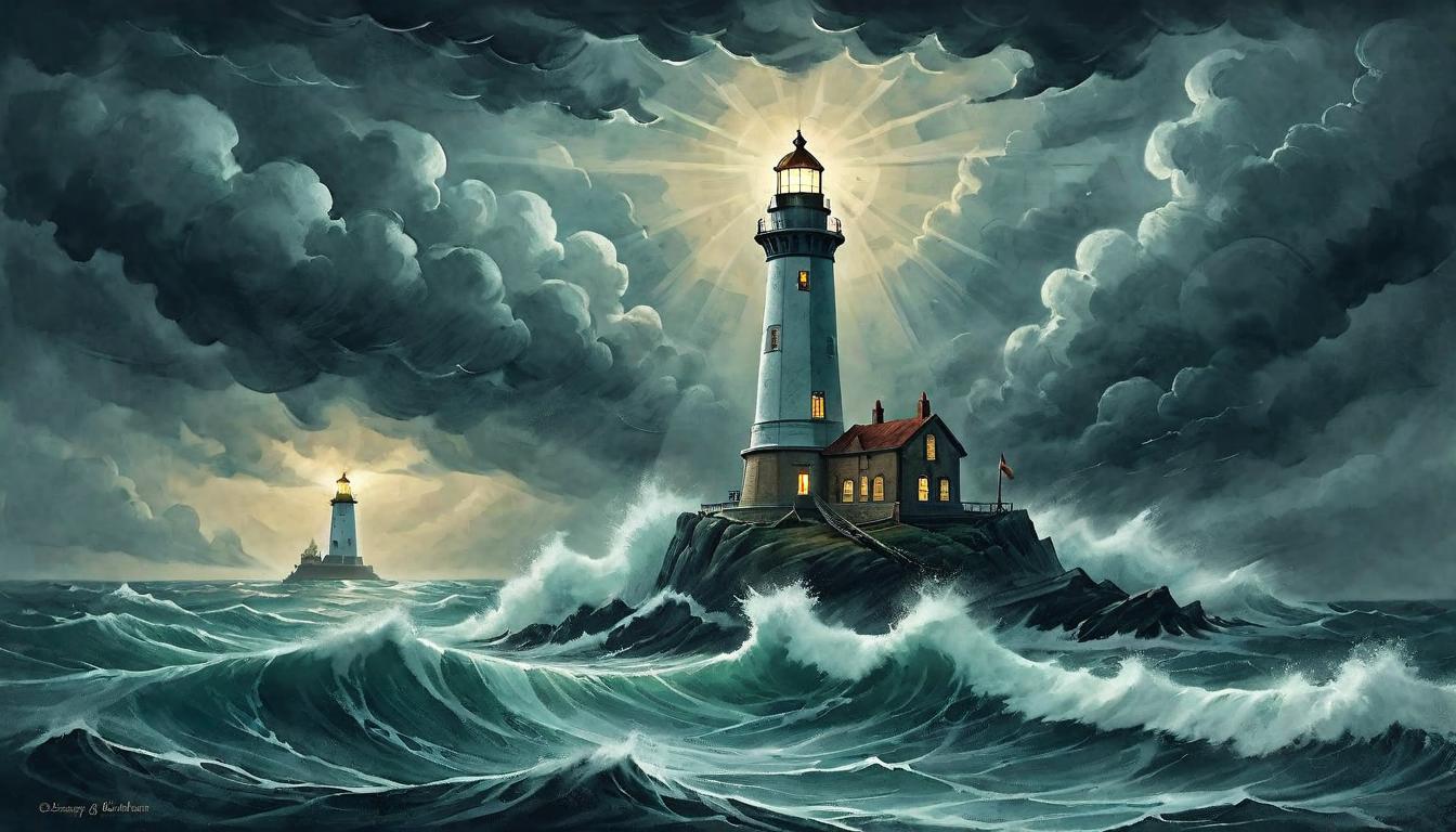  on parchment, surrealism+++, A lighthouse standing tall amidst stormy seas, its beam cutting through the darkness, beacon of hope, resilient, sturdy(mysterious, provocative, symbolic,muted color)+++